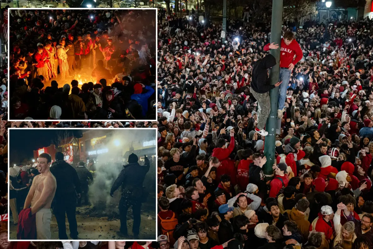 Indiana fans crowd Bloomington as the Hoosiers complete an unbeaten college football season with their first national championship.
