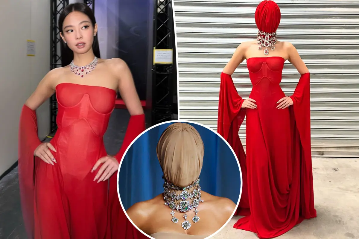 Jennie from Blackpink dons a red version of Kim Kardashian's masked Margiela dress.