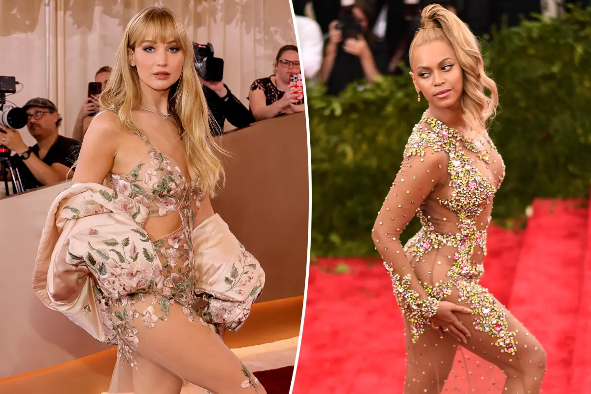 Jennifer Lawrence's Givenchy dress at the 2026 Golden Globes is compared to Beyoncé's look from the 2015 Met Gala.