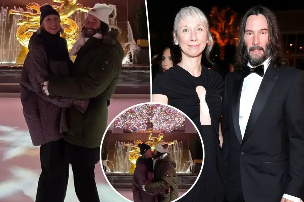 Keanu Reeves and his partner Alexandra Grant share a kiss in New York City.