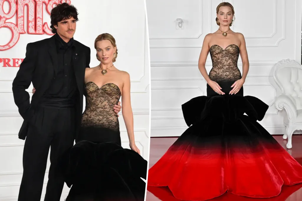Margot Robbie stuns in a red and black outfit with Jacob Elordi at the 'Wuthering Heights' premiere