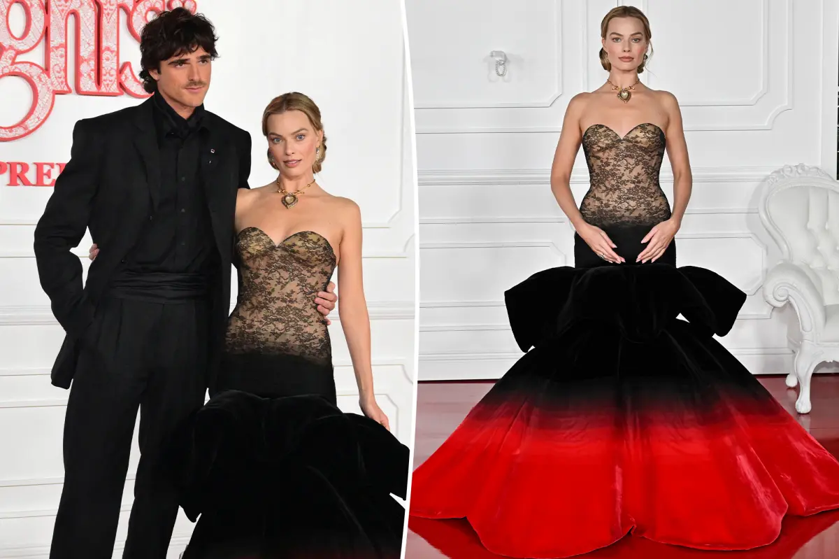Margot Robbie stuns in a red and black outfit with Jacob Elordi at the 'Wuthering Heights' premiere