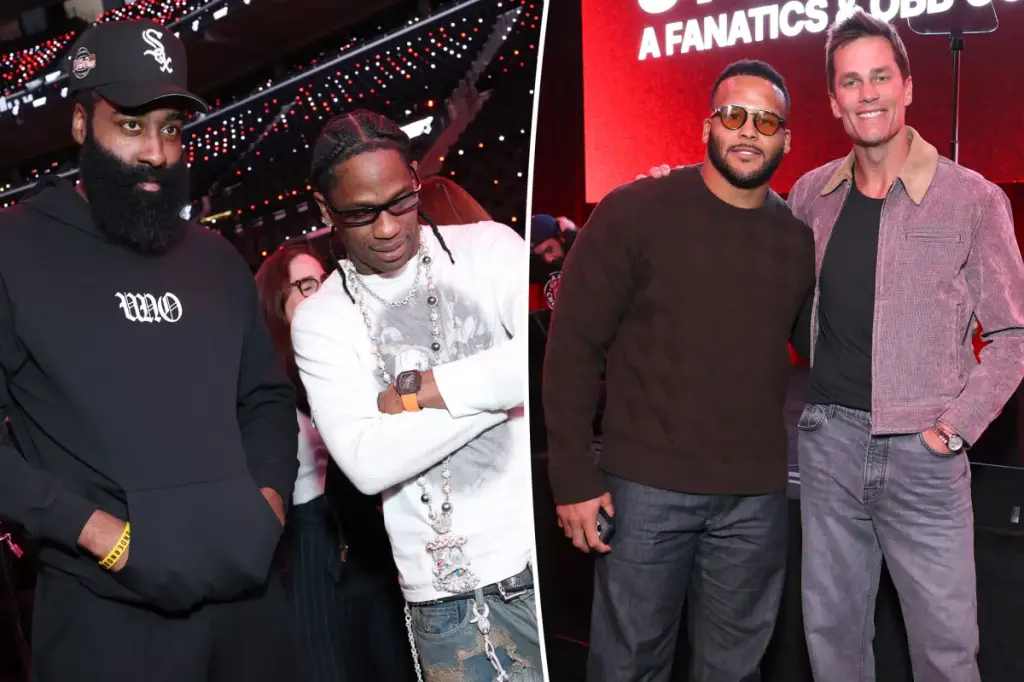 Mookie Betts, Aaron Donald, and James Harden celebrate with Tom Brady at a Fanatics gathering