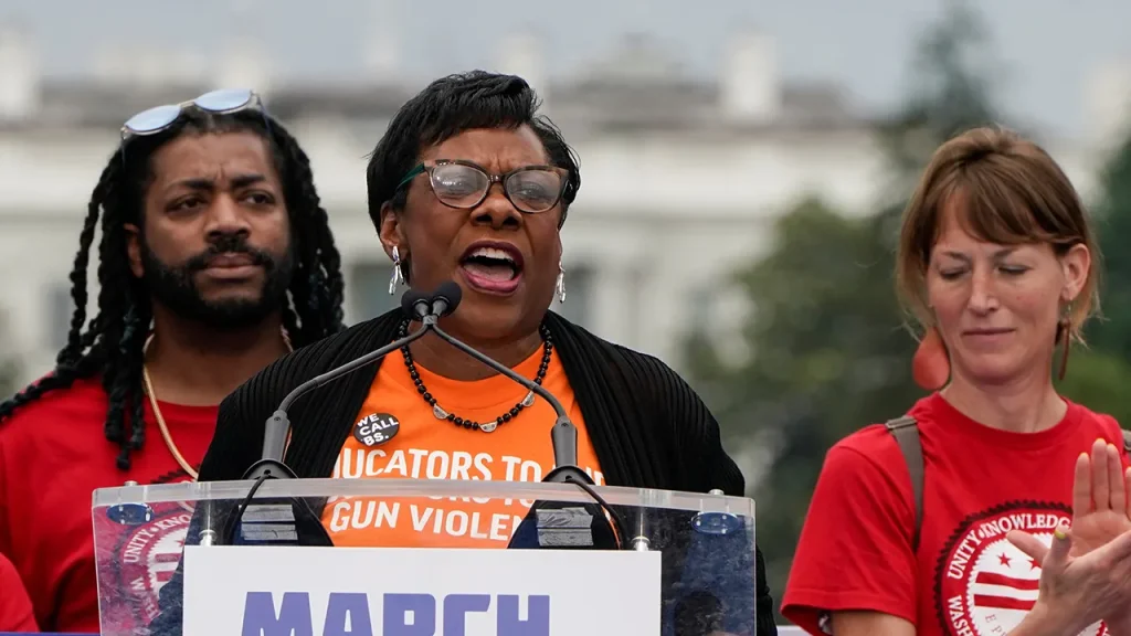 NEA President Becky Pringle addresses a Sunrise Movement political gathering
