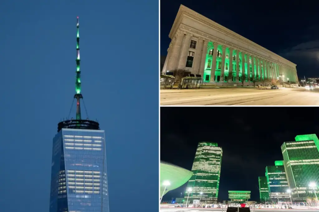 New York landmarks, including the World Trade Center, illuminated in green for Muslim American Heritage Month following Hochul's directive