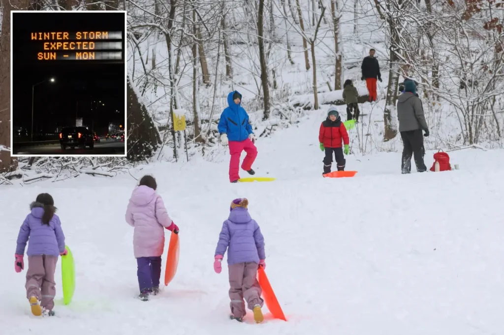 New Yorkers who love snow find inventive ways to use their sleds before a big winter storm.
