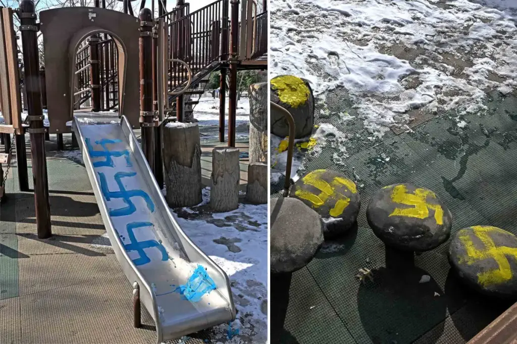 Police take two teenagers into custody for painting numerous swastikas throughout a playground in a predominantly Jewish area of New York City.
