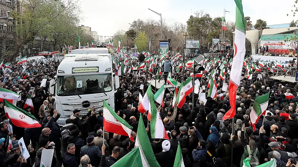 Protesters in Tehran shout anti-American slogans at a pro-government rally.