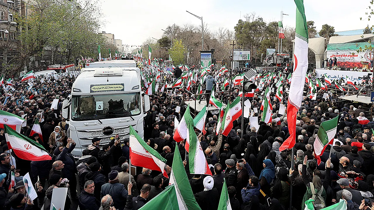 Protesters in Tehran shout anti-American slogans at a pro-government rally.
