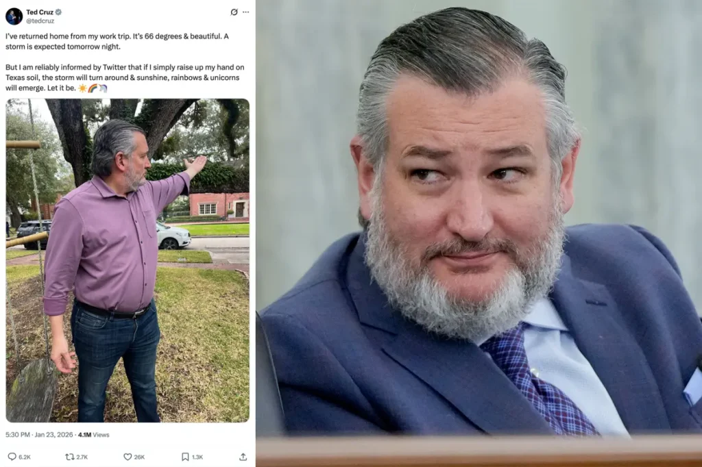 Sen. Ted Cruz shares a sarcastic reply after receiving criticism for traveling before a severe winter storm.