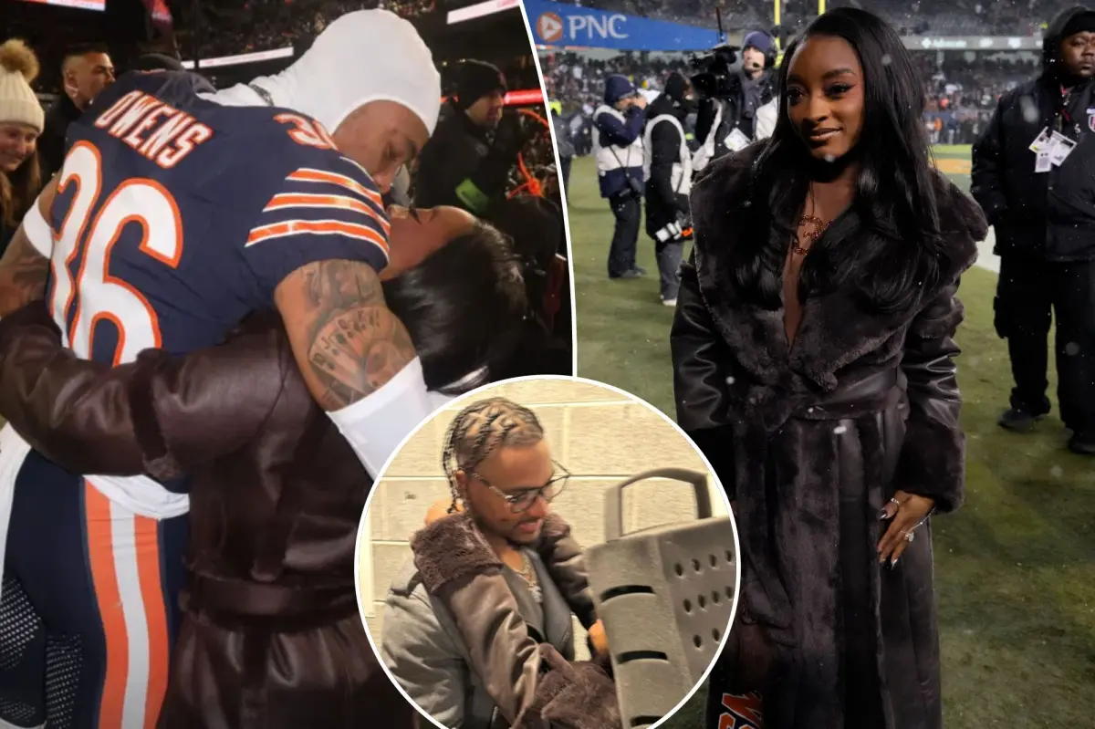 Simone Biles hugs Bears husband following playoff victory against Packers.