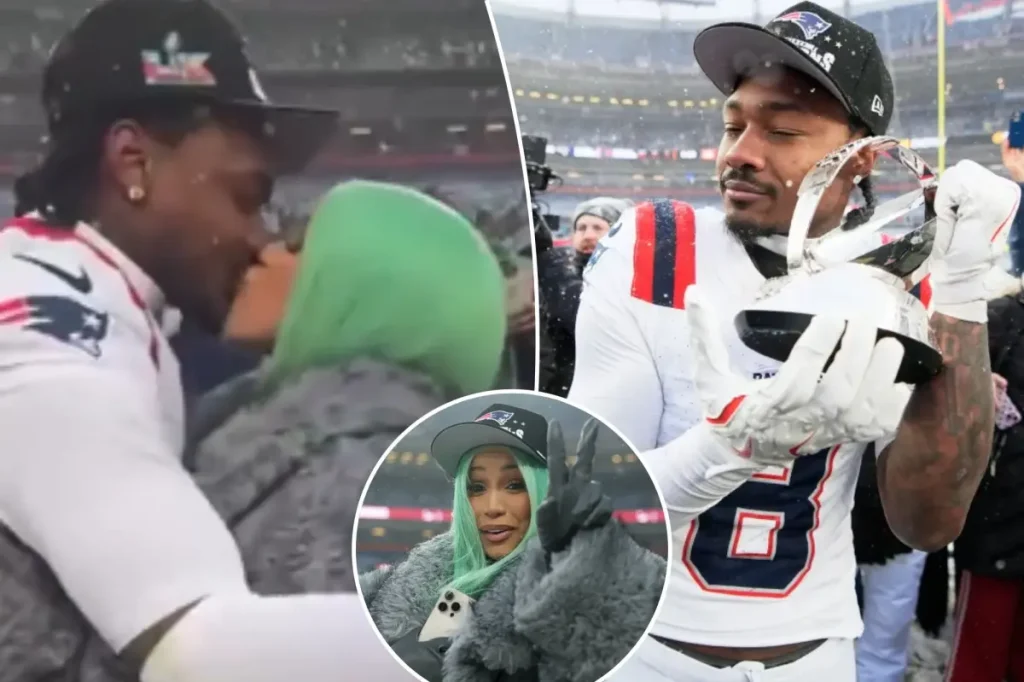 Stefon Diggs kisses Cardi B to mark the Patriots' Super Bowl 2026 appearance