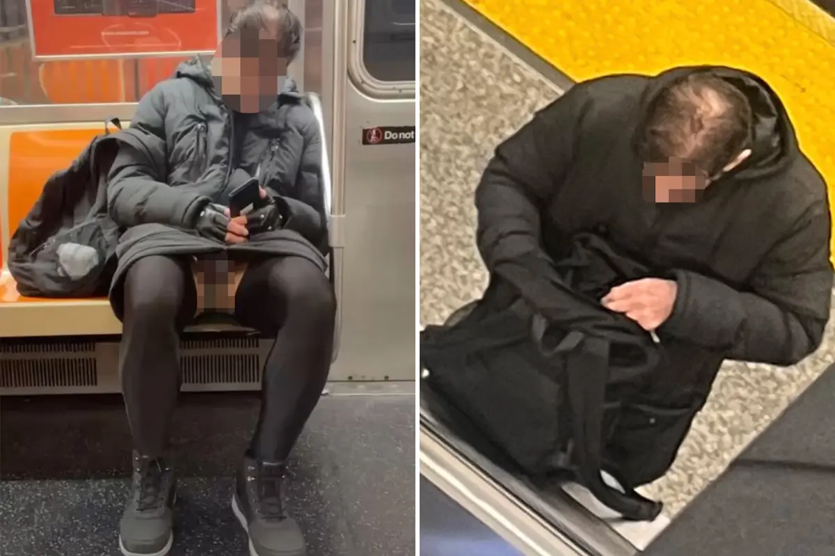 Subway passenger in NYC goes without pants and reveals leather chain cage around genitals, but police report no laws were violated.