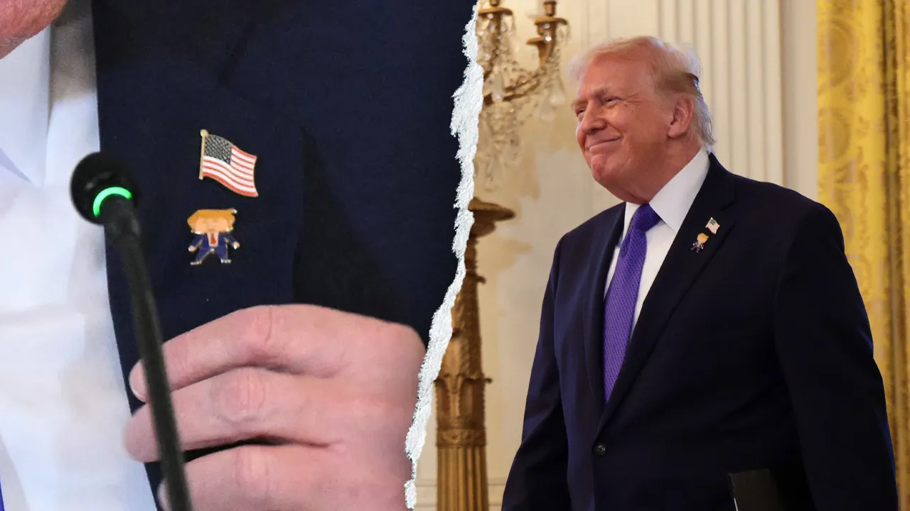 Trump sports a 'happy Trump' pin during a meeting with oil executives at the White House