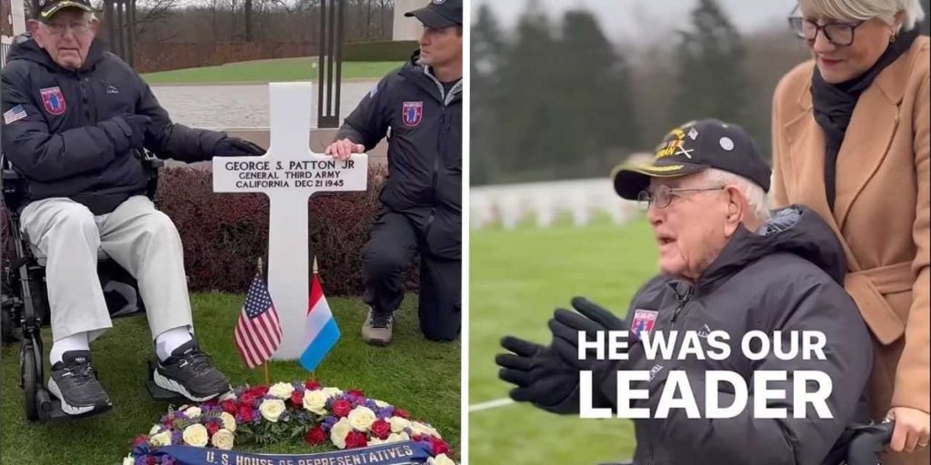 WWII veteran pays tribute to Gen. Patton at his gravesite with heartfelt homage alongside the general’s granddaughter.