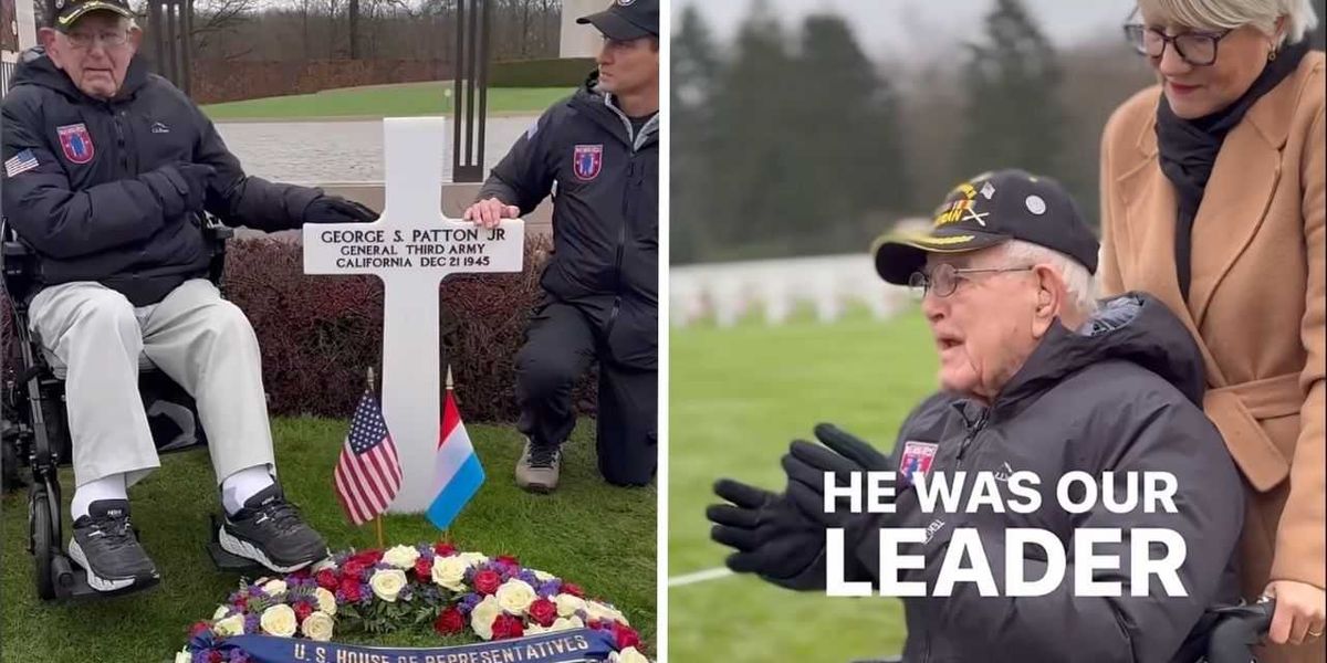 WWII veteran pays tribute to Gen. Patton at his gravesite with heartfelt homage alongside the general’s granddaughter.