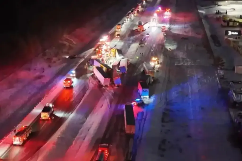 Wet roads lead to 30-vehicle crash involving at least 10 big rigs on Indiana highway