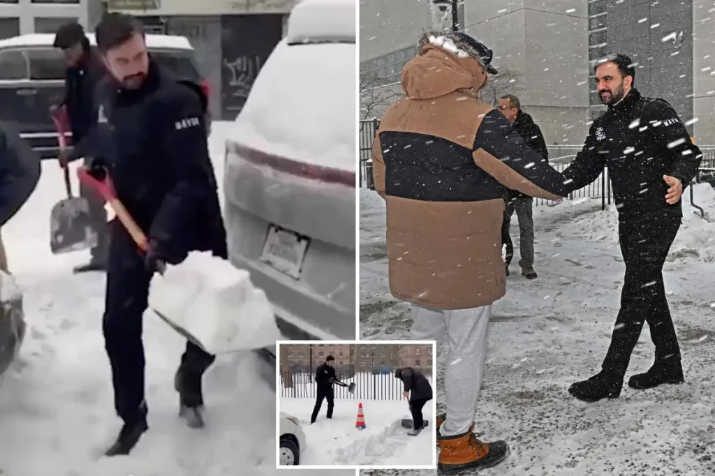 Zohran Mamdani struggles with bad snow shoveling technique while hurting his back during a photo event
