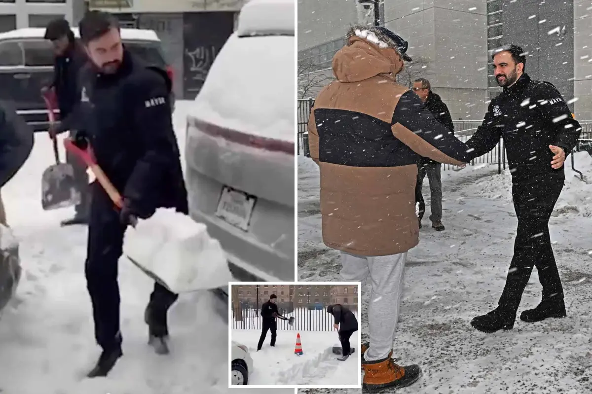Zohran Mamdani struggles with bad snow shoveling technique while hurting his back during a photo event