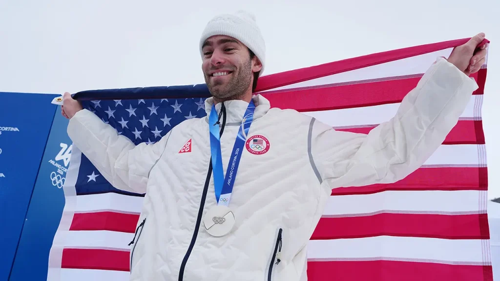 Alex Hall from the U.S. wins a silver medal at the Winter Olympics.