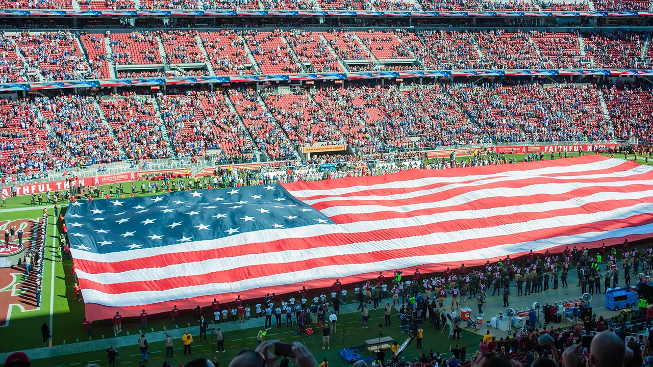 America250 partners with the NFL for the Super Bowl to celebrate the 250th anniversary of the US with red, white, and blue.