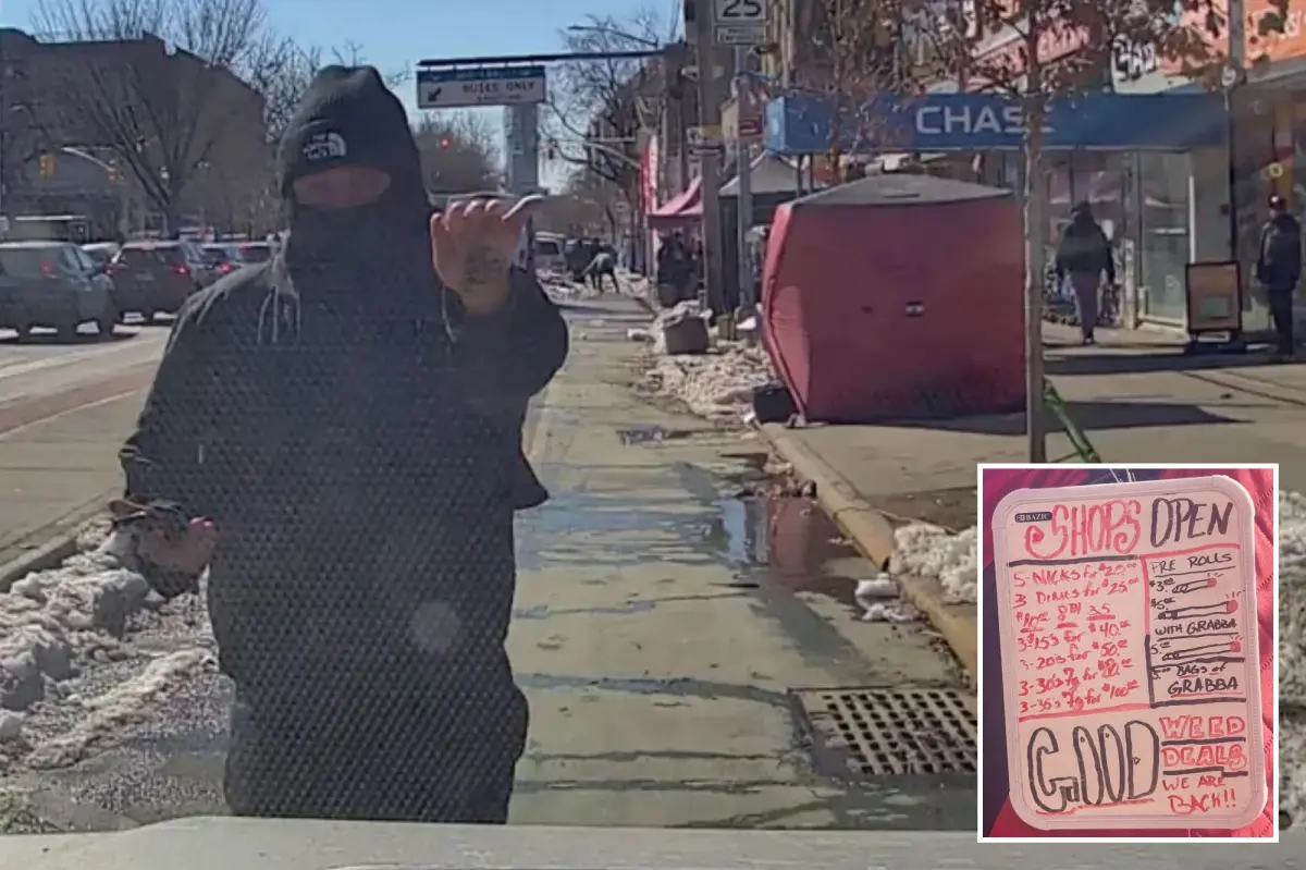 Bold sellers offer weed from tents along a crowded NYC sidewalk, sparking anger over 'drug igloos'