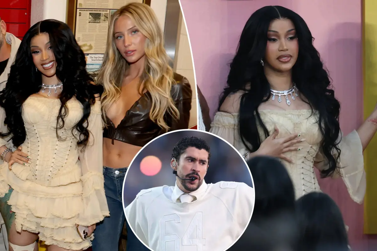 Cardi B and Alix Earle perform a dance on stage during Bad Bunny's Super Bowl 2026 halftime show