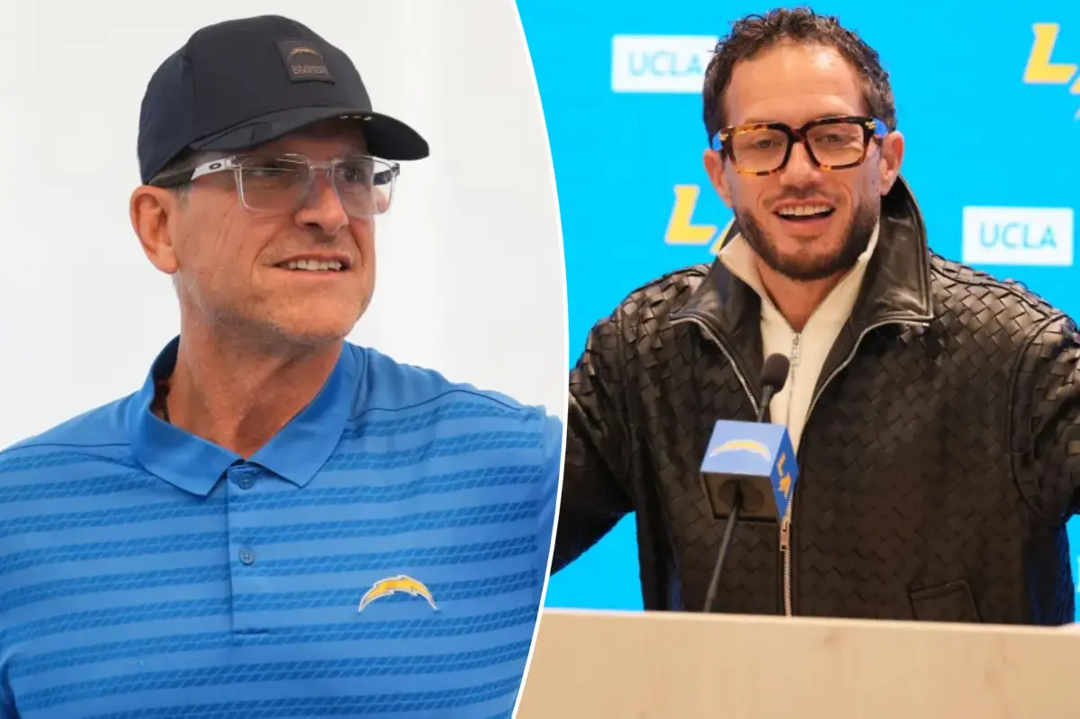 Chargers coaches Jim Harbaugh and Mike McDaniel seen sitting courtside at Lakers versus Mavericks game