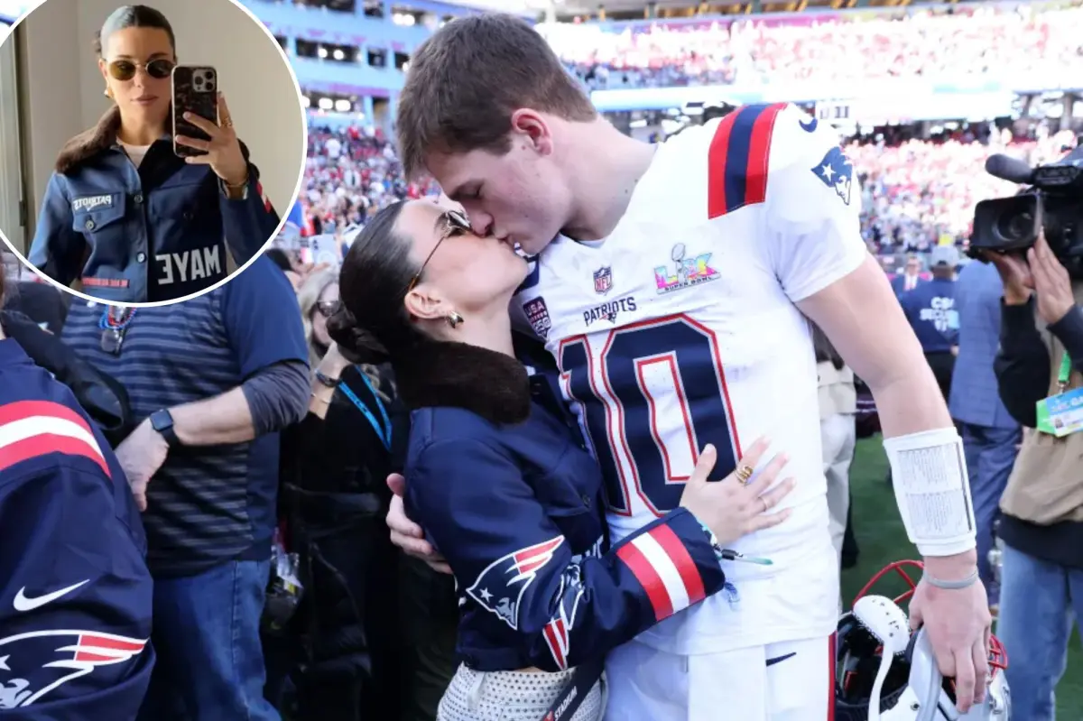 Drake Maye shares a kiss with his wife Ann Michael on the field ahead of Super Bowl 2026.