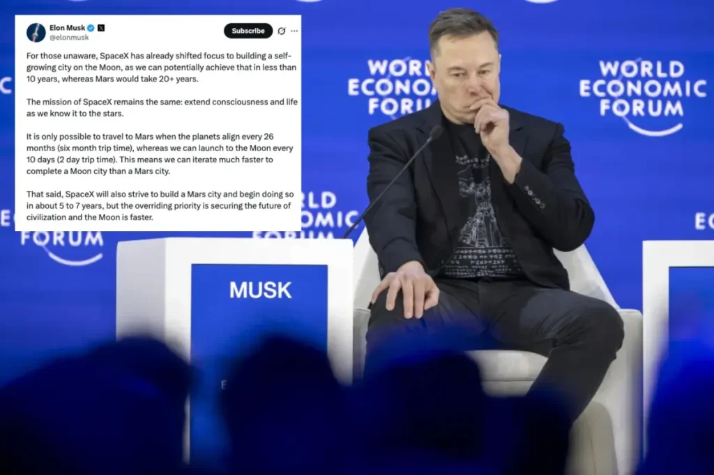 Elon Musk announces that SpaceX will prioritize a 'self-sustaining city' on the moon rather than Mars.
