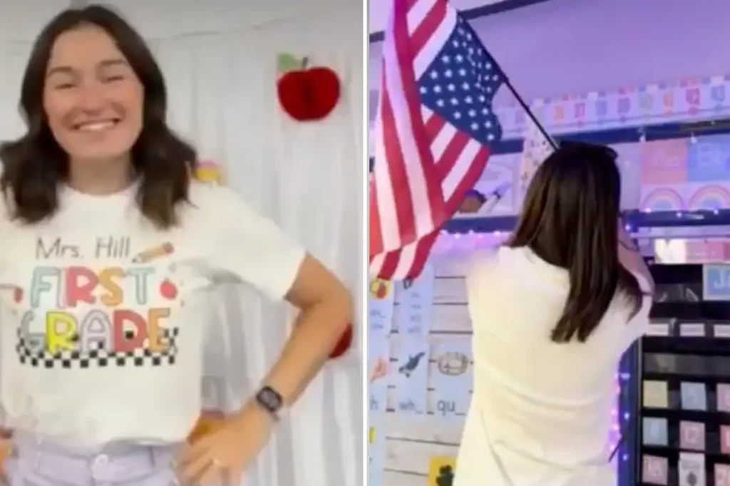 First grade teacher shares video of herself turning the US flag upside down and displaying 'Abolish ICE' in the classroom
