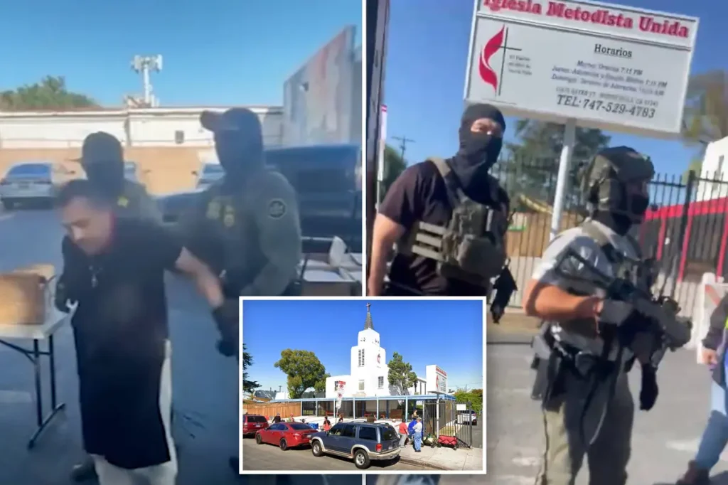 Footage captures ICE agents pursuing undocumented immigrant at church food distribution in Los Angeles.