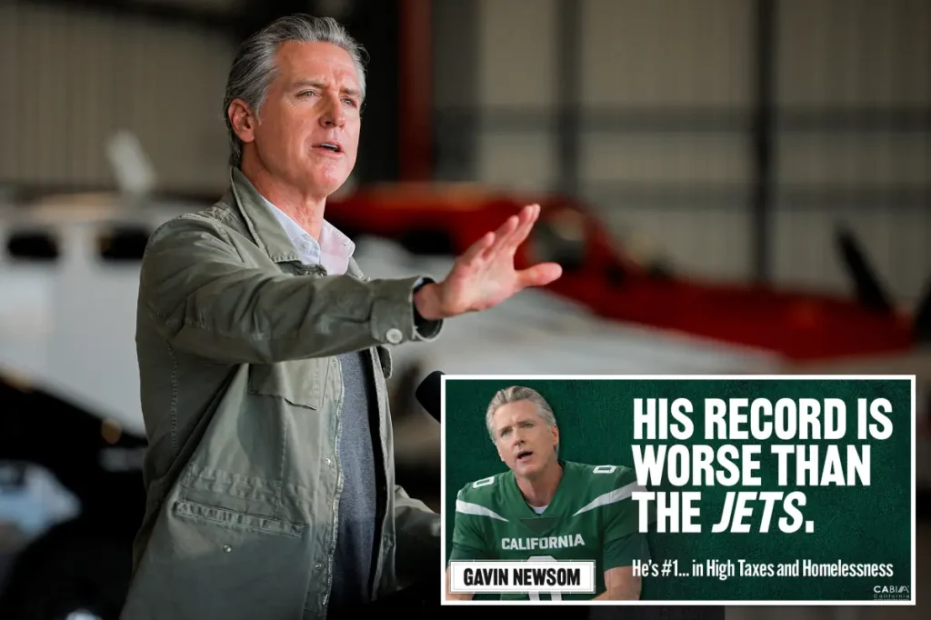 Gavin Newsom ridiculed on a billboard in Times Square, New York City