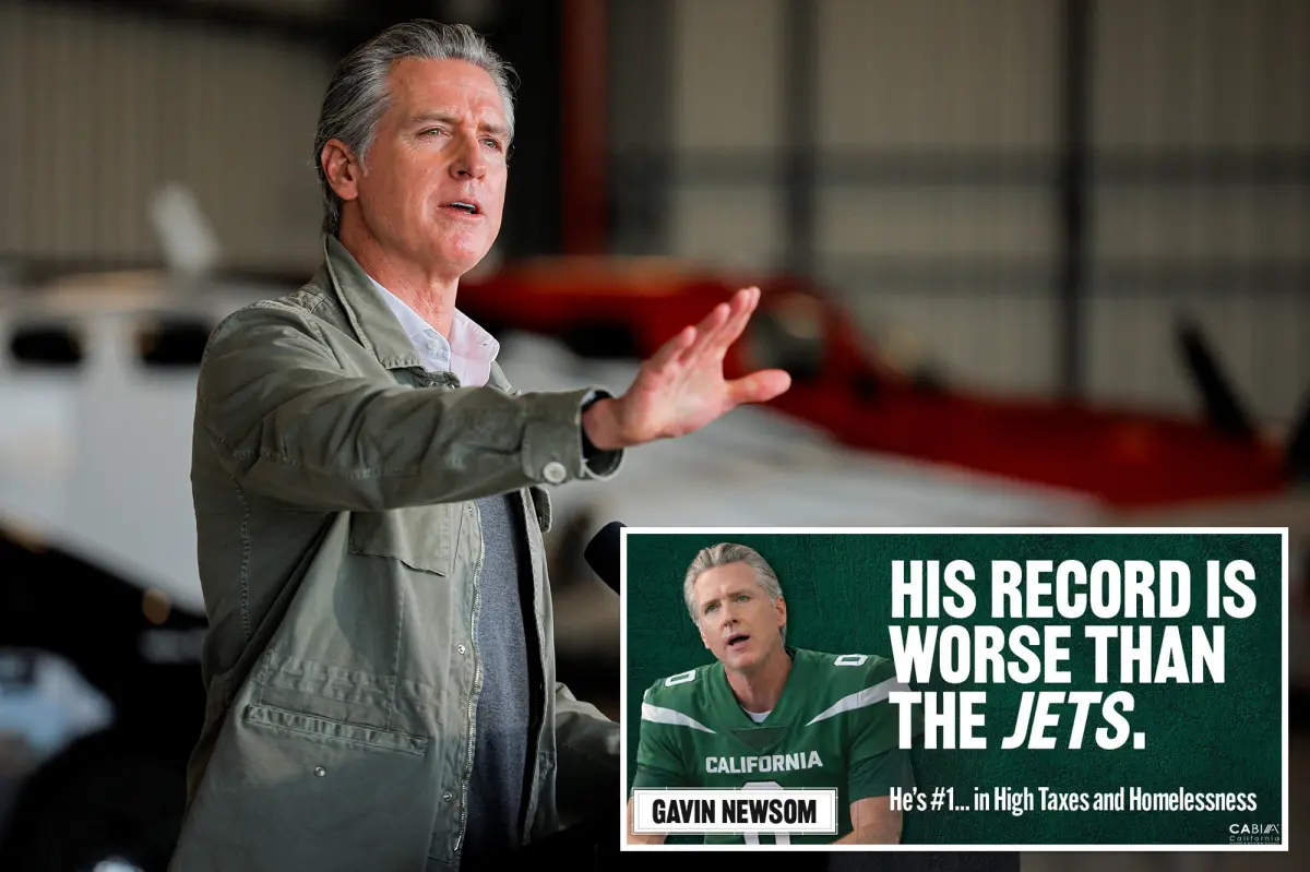 Gavin Newsom ridiculed on a billboard in Times Square, New York City