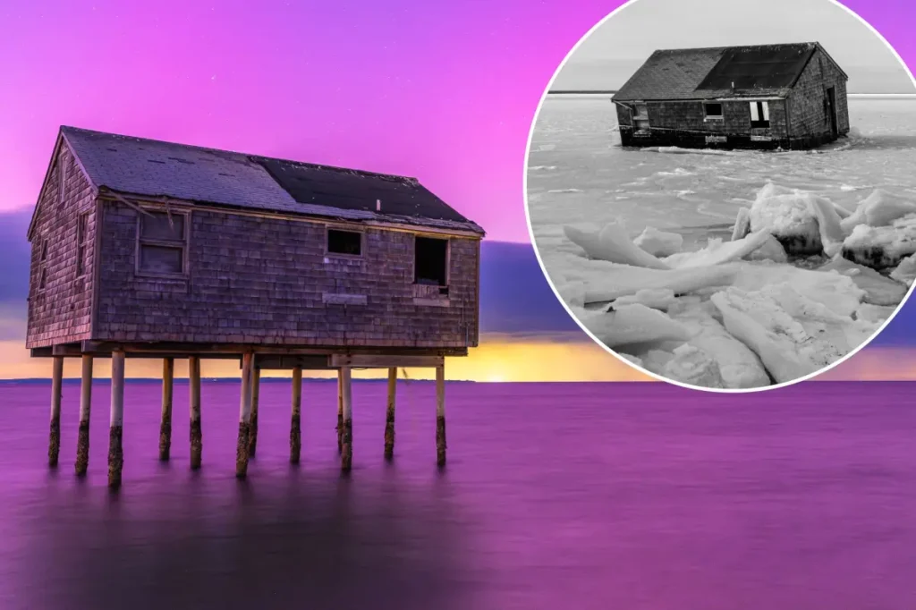 Hamptons 'stilt' house falls into the bay after over 70 years because of cold weather
