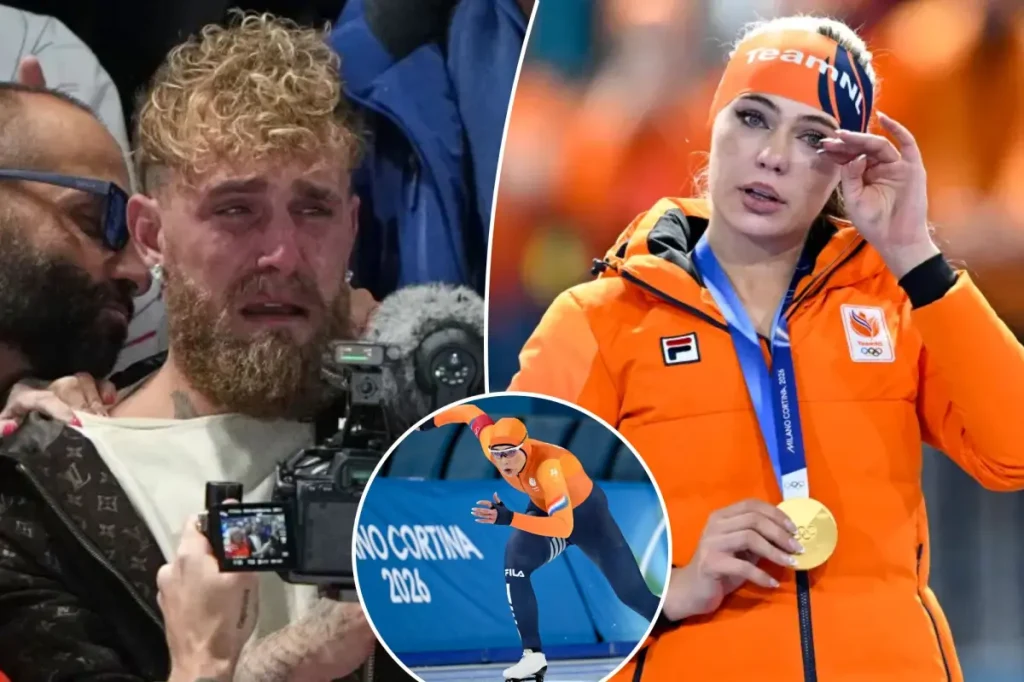 Jake Paul weeps as his fiancée Jutta Leerdam takes home gold at the 2026 Olympics
