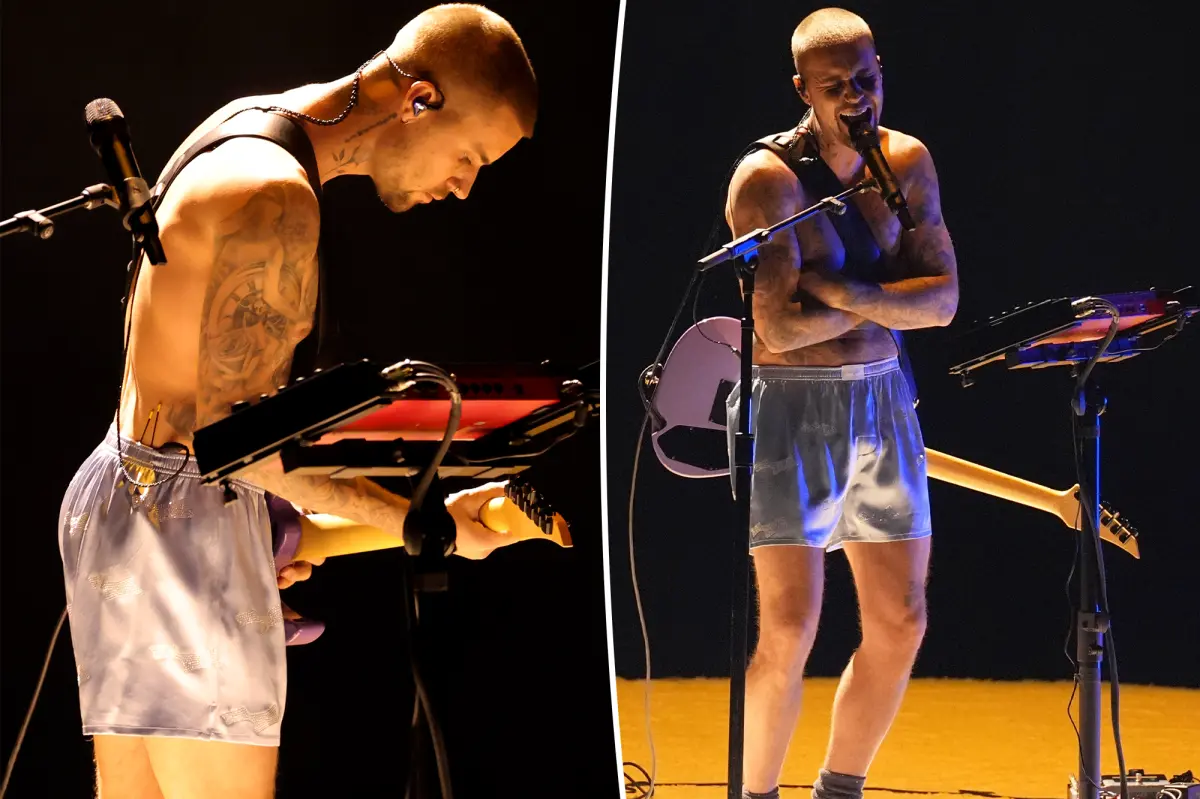 Justin Bieber wears sparkly boxers during his 2026 Grammys performance while his wife Hailey watches in the crowd.