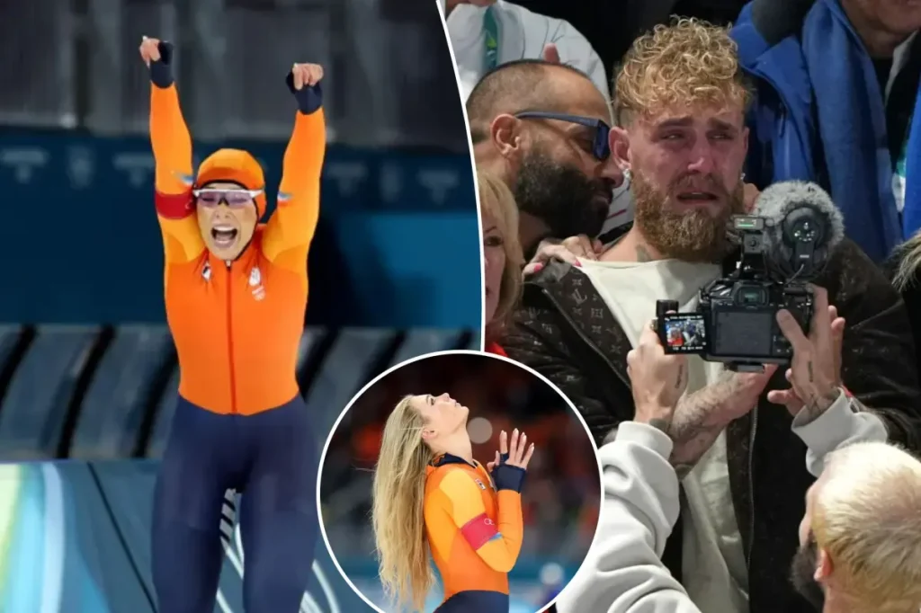 Jutta Leerdam earns gold and sets a new Olympic record while her fiancé Jake Paul is in tears.