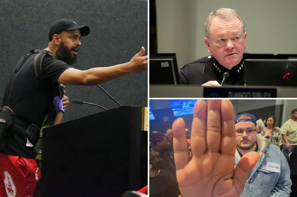 LAPD meeting once again spirals into disorder as name-calling protesters drown out the chief commissioner.