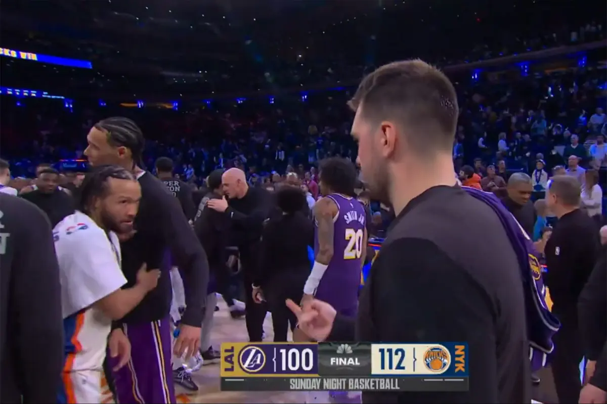Luka Doncic gestures rudely at former teammate Jalen Brunson after Knicks-Lakers game
