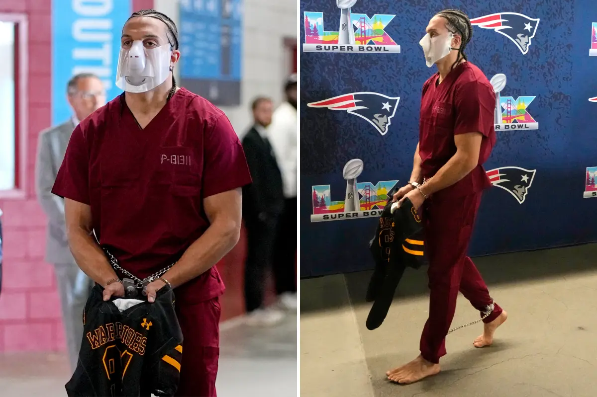 Mack Hollins of the Patriots shows up at Super Bowl 2026 wearing a prison jumpsuit.