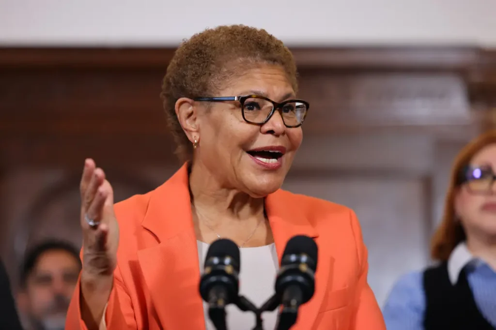 Mayor Karen Bass declines to respond to inquiries regarding the Palisades fire and the election.