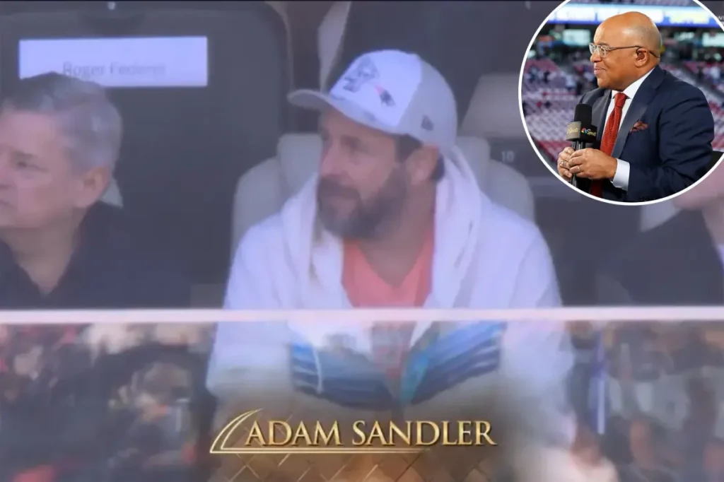 Mike Tirico mistakenly labels lifelong Jets fan Adam Sandler as a Patriots supporter 'as always' during the Super Bowl 2026 broadcast.