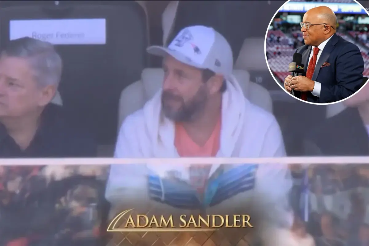 Mike Tirico mistakenly labels lifelong Jets fan Adam Sandler as a Patriots supporter 'as always' during the Super Bowl 2026 broadcast.