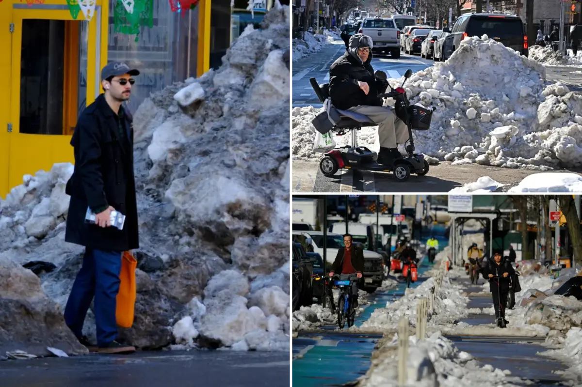 New York City's snow troubles persist with large icebergs, slushy roads, and trash heaps disrupting travel for all.