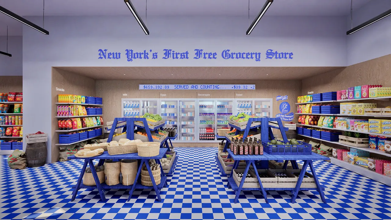Polymarket opens the first complimentary grocery store in downtown Manhattan.
