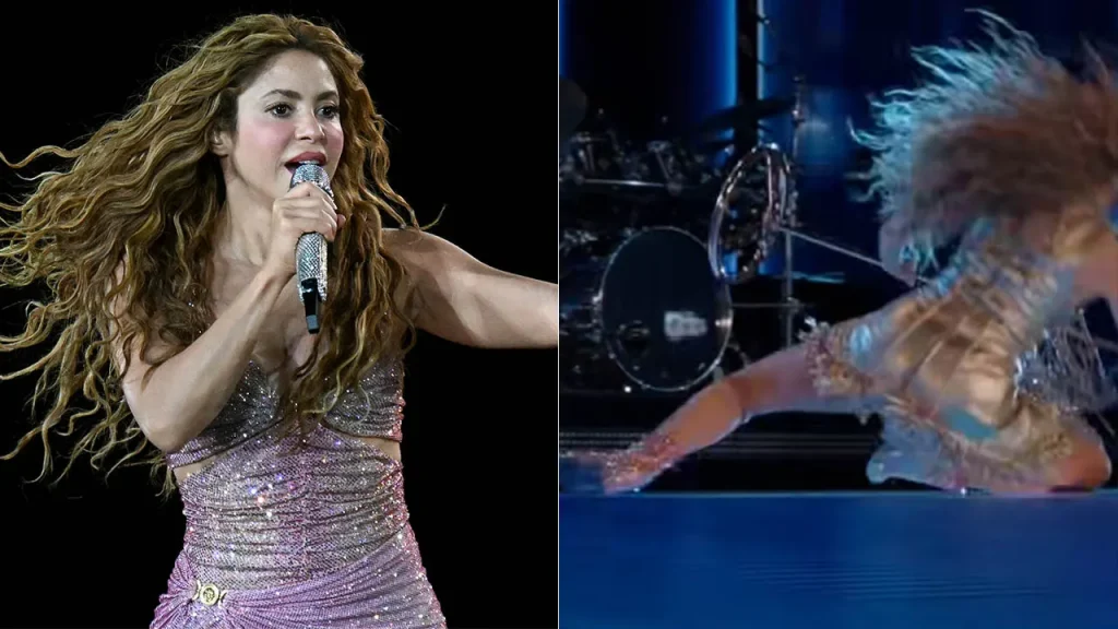 Shakira takes a tumble on stage during her concert in El Salvador but keeps going.