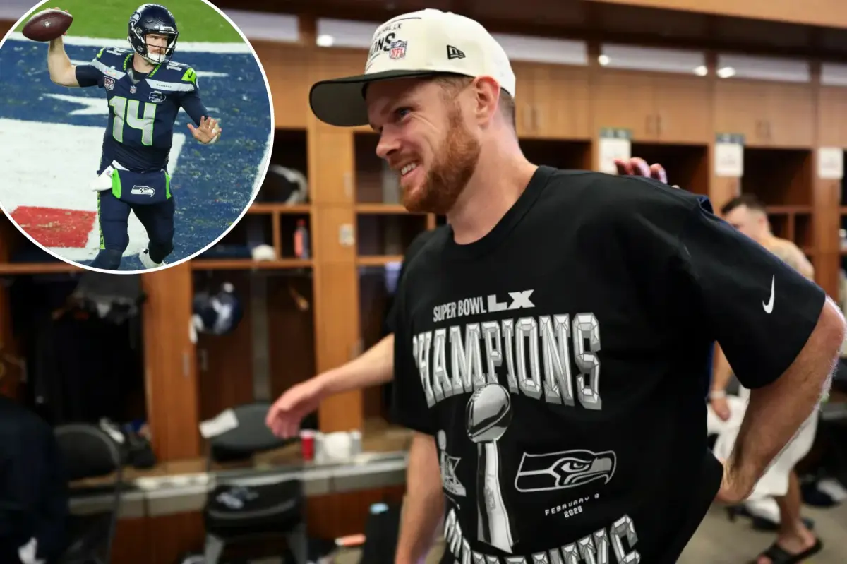 Super Bowl 2026 journalist accidentally landed in Sam Darnold's locker and spilled beer.