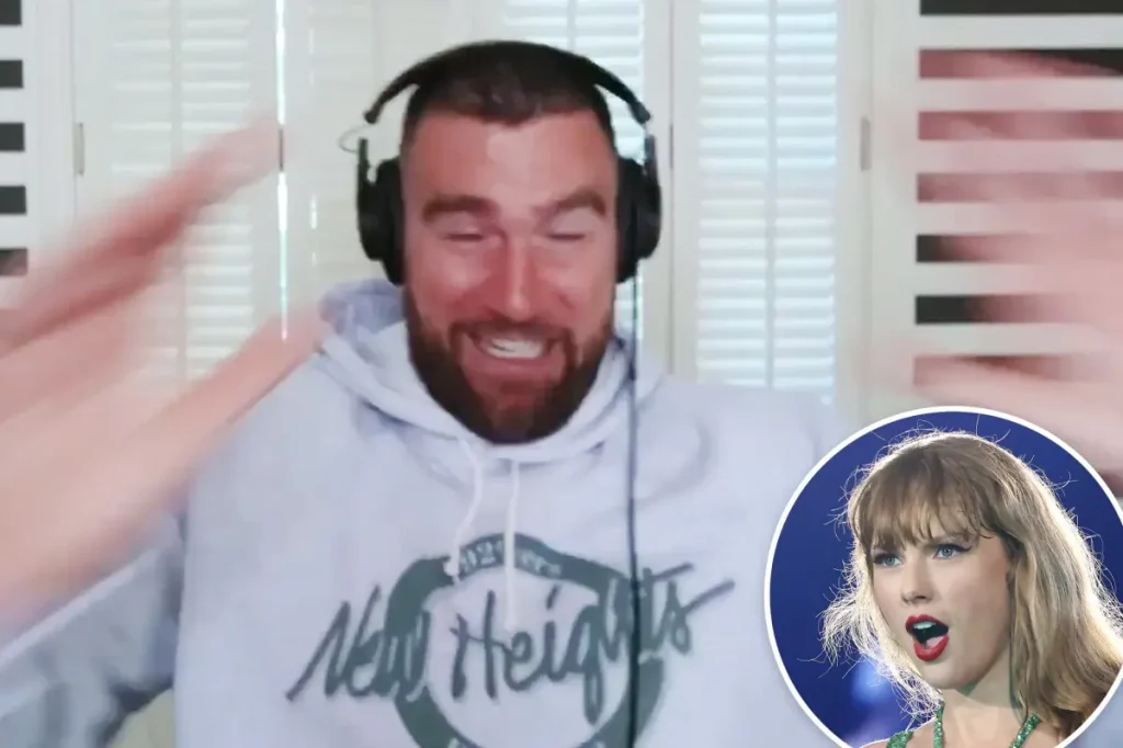 Travis Kelce breaks a chair during a podcast and jokes that Taylor Swift will be upset with him.