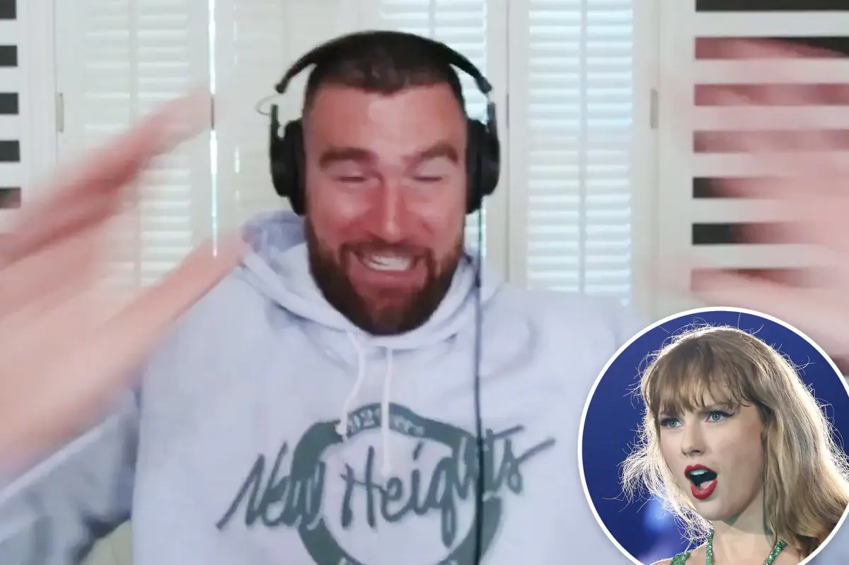 Travis Kelce breaks a chair during a podcast and jokes that Taylor Swift will be upset with him.